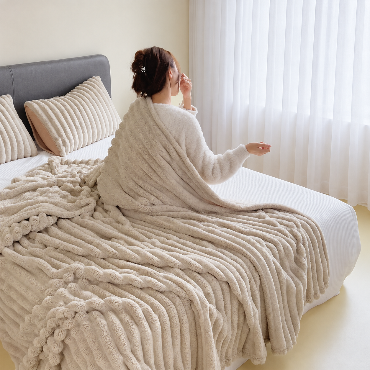 Soft ribbed plush blanket on a bed